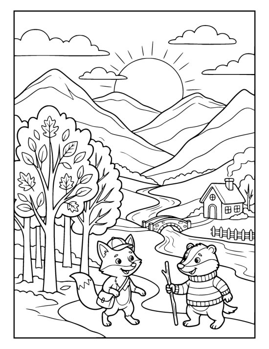 Layered mountain ridges rising behind tall autumn trees and a winding river on a coloring sheet