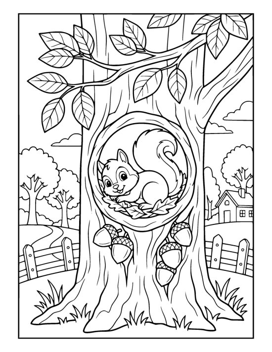 Squirrel curled in a leaf lined tree hollow above wedged acorns on a coloring page