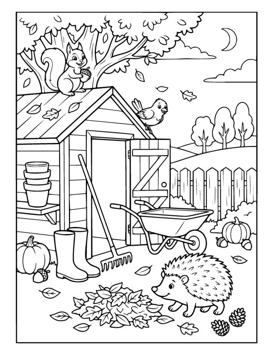 Rubber boots and a rake leaning beside a garden shed door on a coloring sheet
