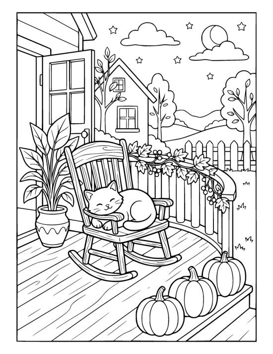 Cat asleep on a rocking chair beside pumpkins on a cottage porch on a coloring sheet