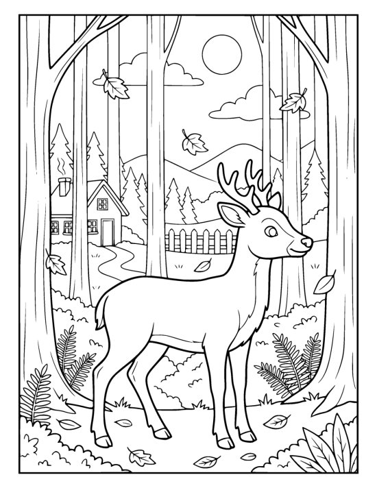 Deer standing among tall trunks in a quiet autumn forest on a coloring page