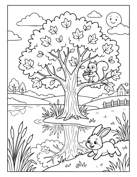 Maple tree in full autumn leaf reflected in a calm lake on a coloring sheet