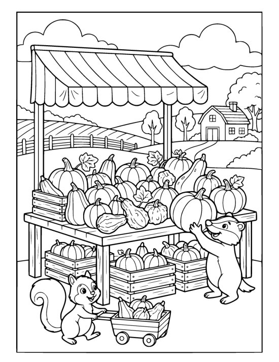 Farm stand table piled with pumpkins, squashes and knobbly gourds on a coloring page