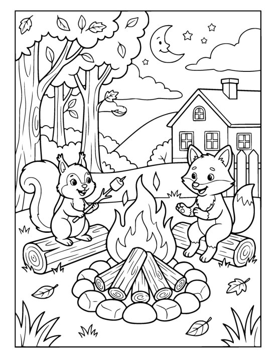 Bonfire of stacked logs ringed with stones in a woodland clearing on a coloring sheet