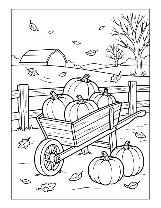 Wooden wheelbarrow filled with plain pumpkins in a bare harvested field on a coloring page