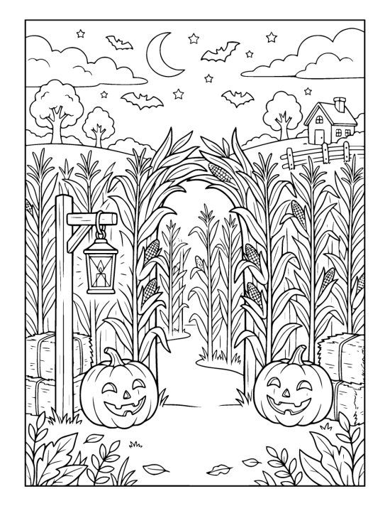 Corn maze entrance lit by a lantern with two carved pumpkins guarding the path coloring page
