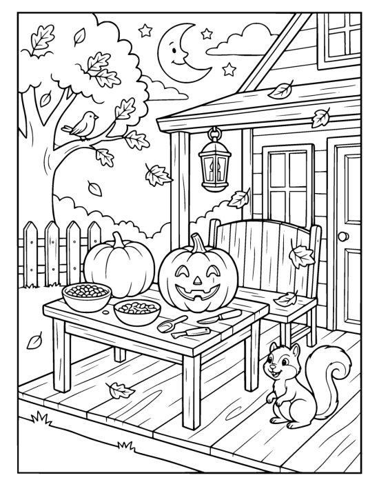 Carved jack o lantern on a porch table with seed bowls and a curious squirrel coloring page