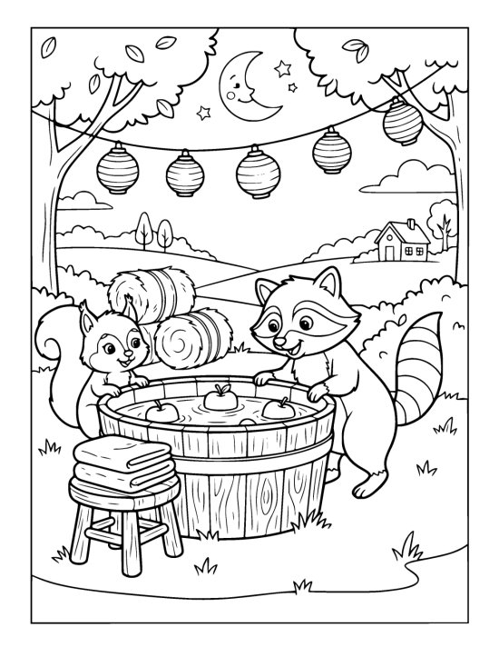 Raccoon and squirrel bob for apples in a barrel beneath hanging lanterns coloring sheet