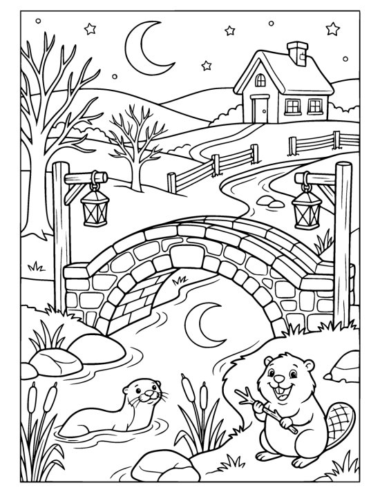 Otter swims below a lantern lit stone bridge while a beaver nibbles corn coloring page