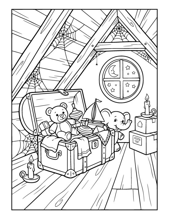 Teddy bear and toy elephant spill from an open chest in a cobwebbed attic coloring sheet