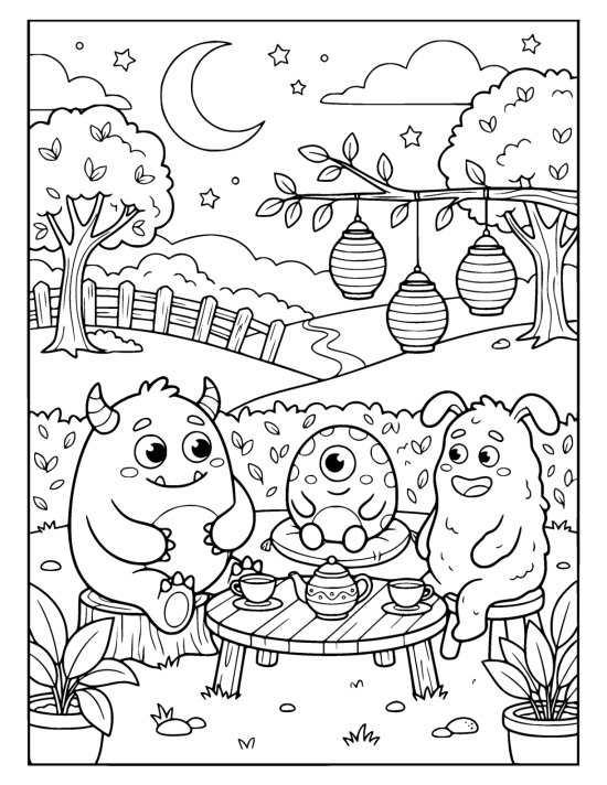 Three friendly monsters share a tea table beneath strung paper lanterns at night coloring page