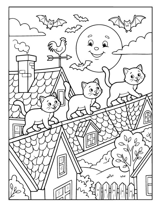 Three kittens tiptoe along a rooftop as bats cross a smiling full moon coloring sheet