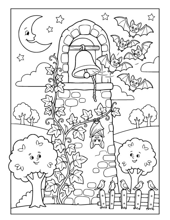 Stone bell tower wrapped in ivy with bats swooping past a crescent moon coloring page