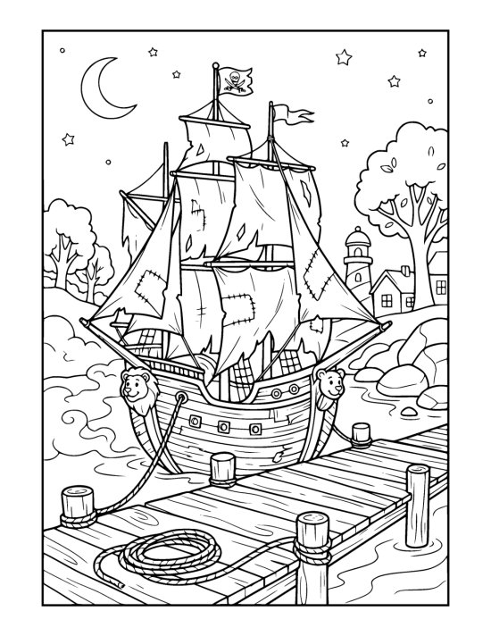 Tattered pirate ship moored at a wooden dock under a crescent moon coloring sheet
