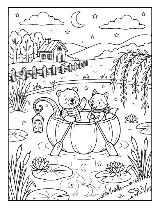 Bear and fox paddle a hollowed pumpkin boat across a lily covered pond coloring page