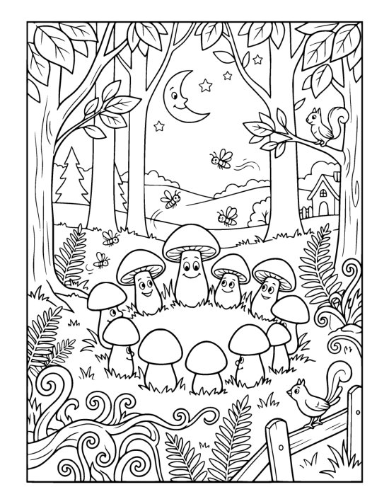 Family of smiling mushrooms gathers in a forest clearing under a crescent moon coloring page