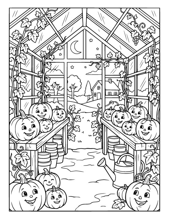 Rows of smiling pumpkins fill a vine draped greenhouse beside a watering can coloring sheet