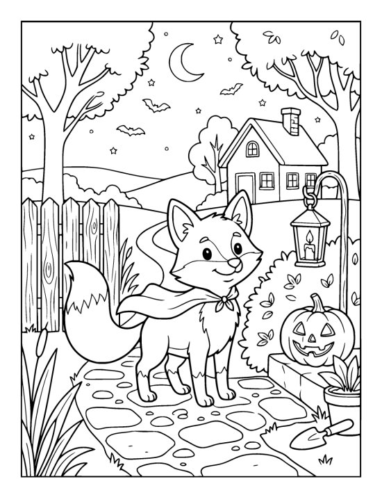 Fox walks a stone garden path past a carved pumpkin and glowing lantern coloring sheet