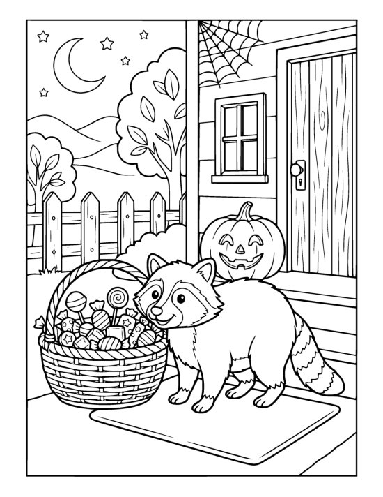 Raccoon sniffs a basket brimming with wrapped candy on a cobwebbed porch coloring page
