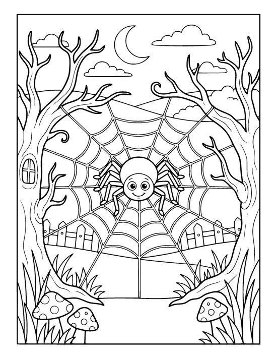 Cheerful spider sits at the center of a wide web between bare trees coloring sheet