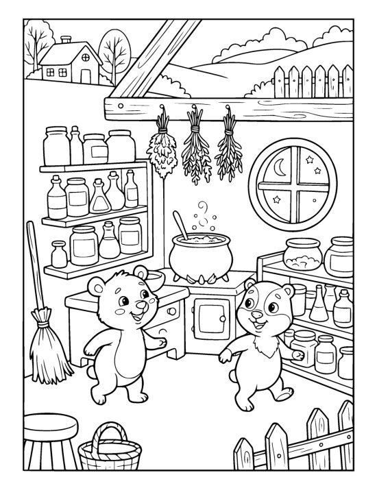 Two bear cubs explore a witch pantry lined with jars and a steaming cauldron coloring page