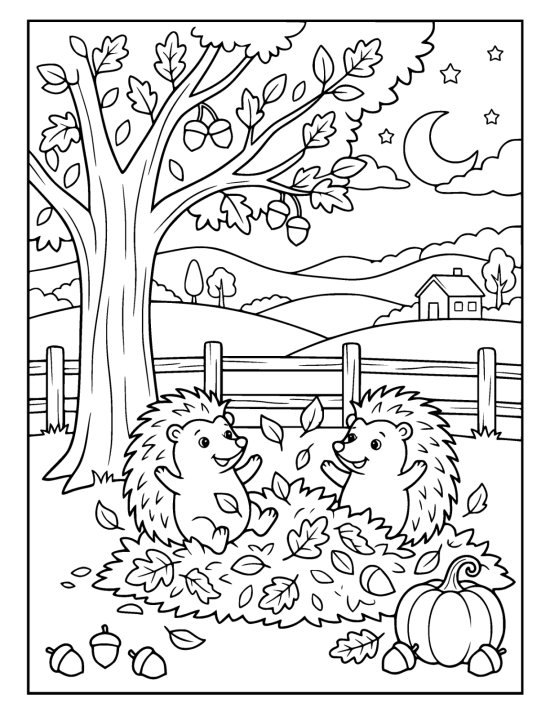 Two hedgehogs play in a pile of fallen leaves beside acorns and a pumpkin coloring sheet