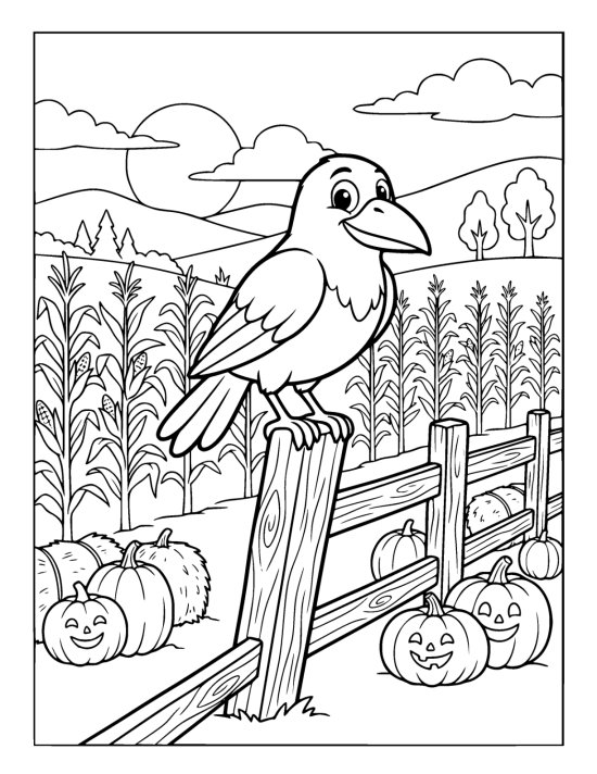 Crow perches on a fence post overlooking cornstalks and rows of carved pumpkins coloring page