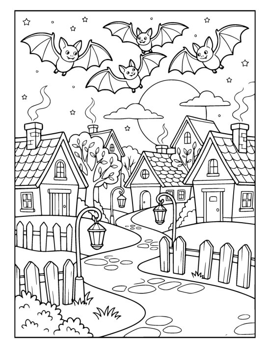 Bats glide above a lantern lit village of steep roofed cottages at night coloring sheet