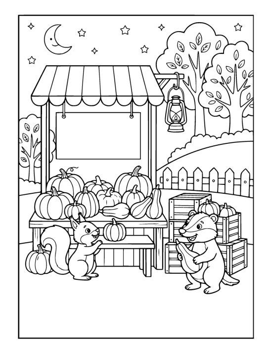 Squirrel and fox tend a pumpkin market stall lit by a hanging lantern coloring page