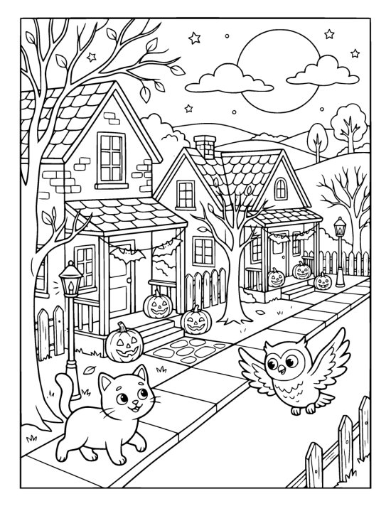 Cat and owl pass decorated cottages glowing with jack o lanterns under a full moon coloring sheet
