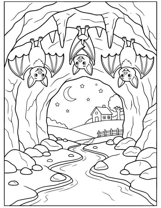 Three bats hang from a cave roof above a winding stream and distant cottage on a coloring sheet