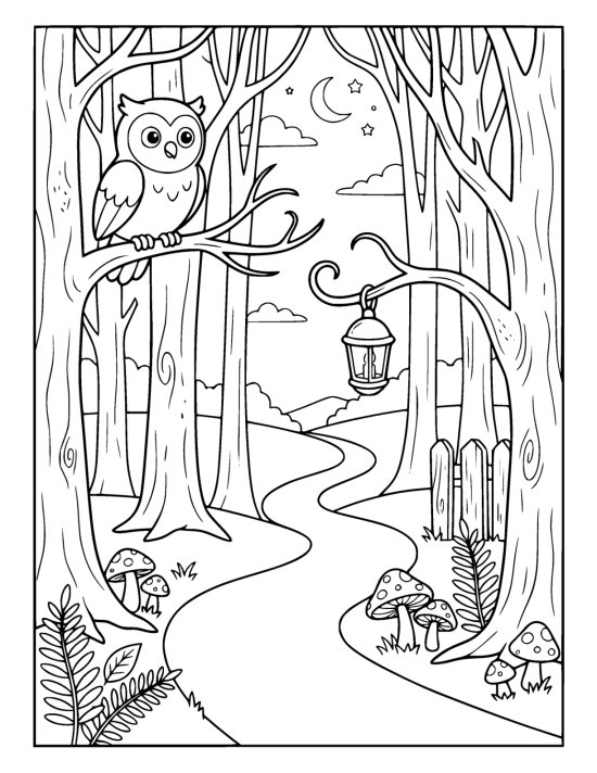 Owl perched on a branch above a lantern lit forest path dotted with mushrooms on a coloring page