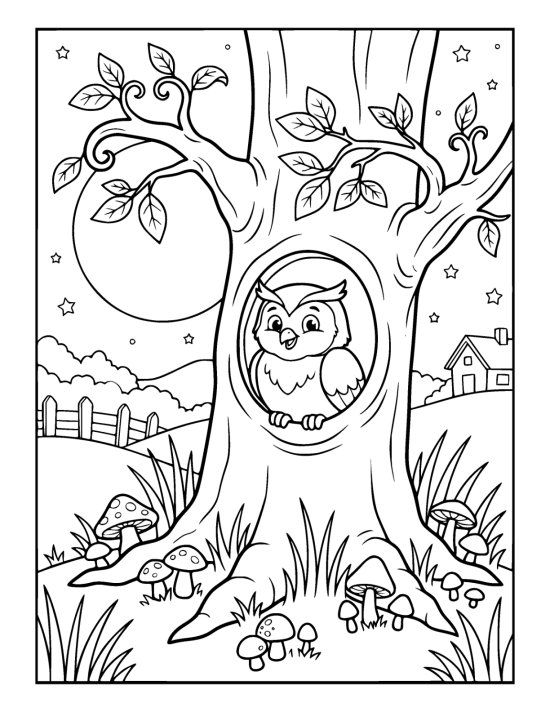 Owl peeks from a tree hollow beneath a full moon surrounded by curling vines coloring sheet