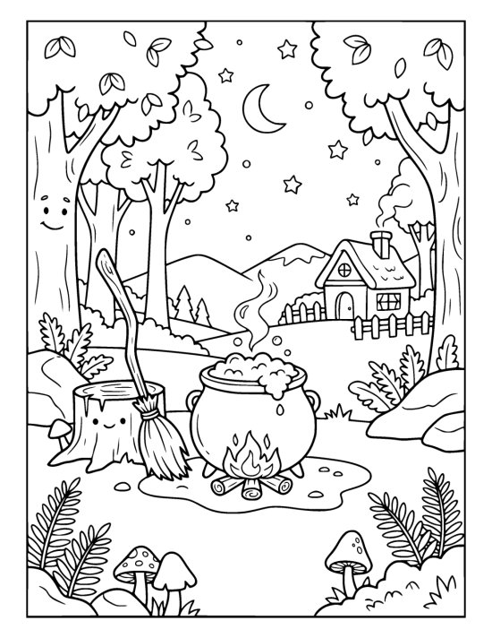 Bubbling cauldron over a fire beside a leaning broom and smiling tree stump coloring page