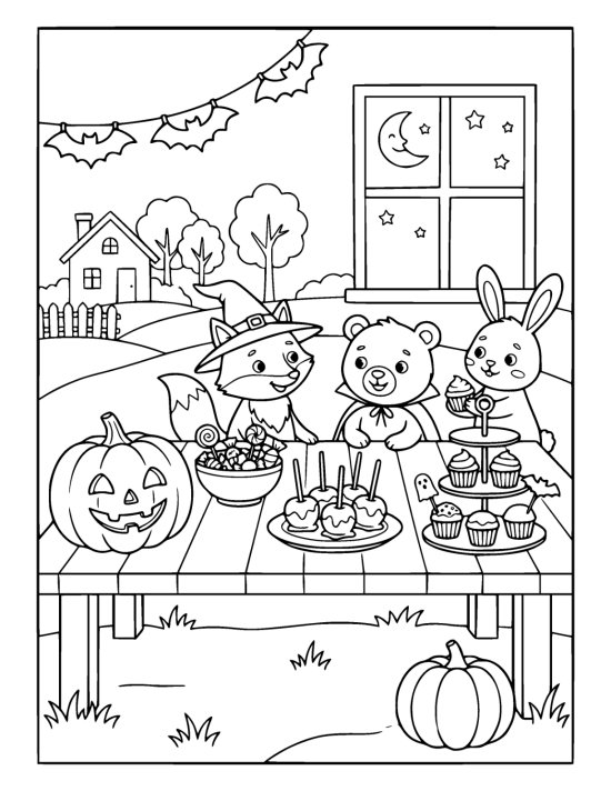Fox in a witch hat shares a party table of cupcakes with bear and rabbit coloring sheet