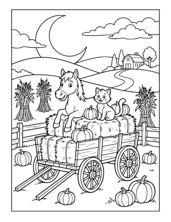 Horse and cat rest by a hay wagon in a moonlit field of pumpkins coloring sheet