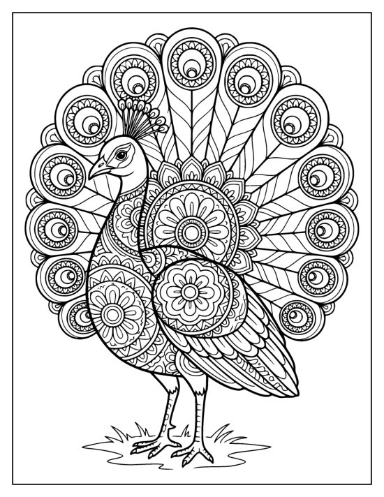 Peacock in three quarter view with a full open fan of eyespot medallions and grass tufts, coloring page