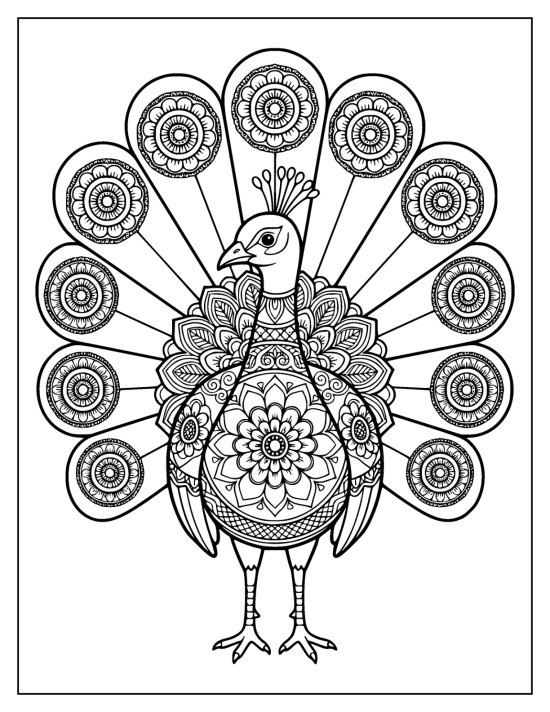 Front facing peacock with a symmetrical fan and a mandala filled chest