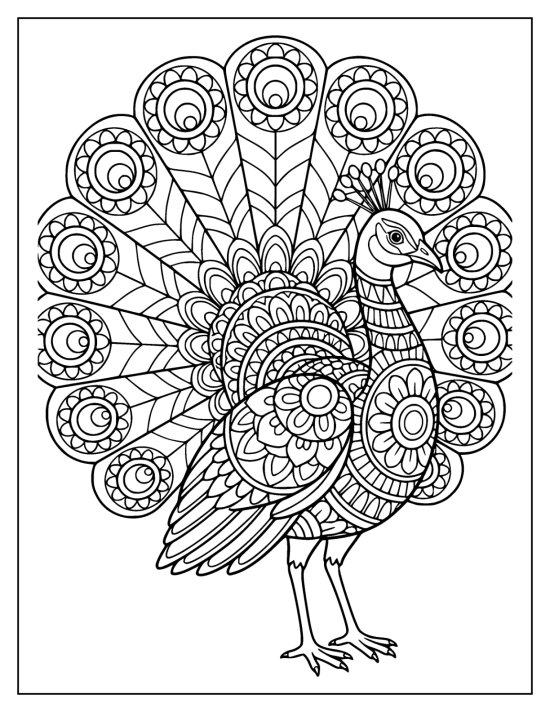 Standing peacock with an open fan of bold eyespots and chevron feather spokes