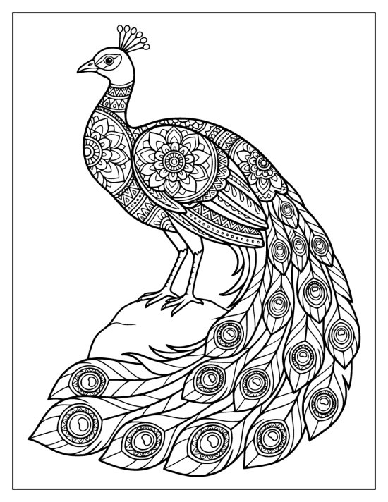 Peacock perched on a rounded rock with a full cascading train of feathers