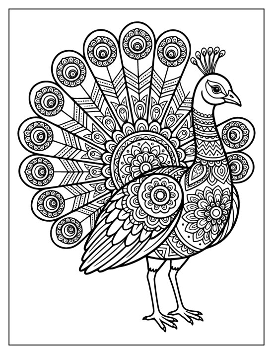 Peacock in three quarter view with a fan of chevron spokes and flower eyespots