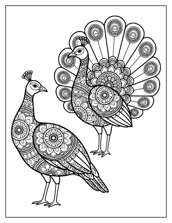 Peahen beside a peacock displaying a compact fan, both with plume crests, mandala