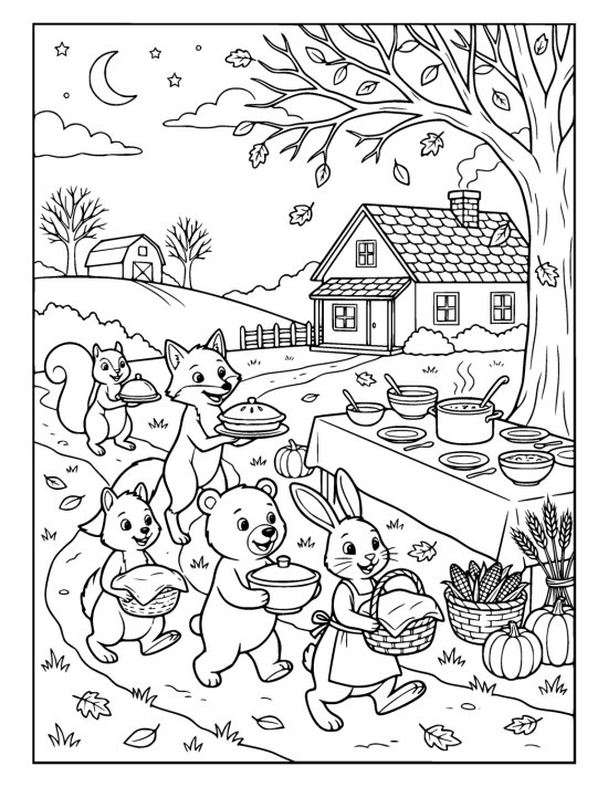 Woodland animals carrying covered dishes to a long table laid outdoors under a broad tree