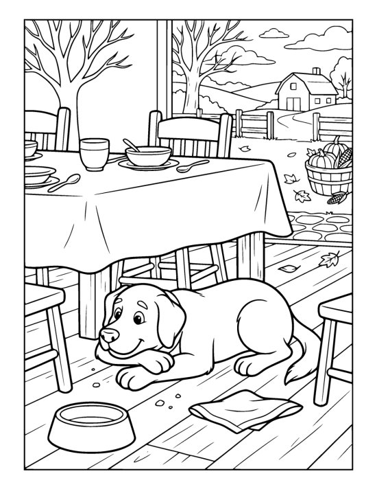Dog lying under a laid table with its head on its paws, chair legs and a dropped napkin around it on a coloring sheet