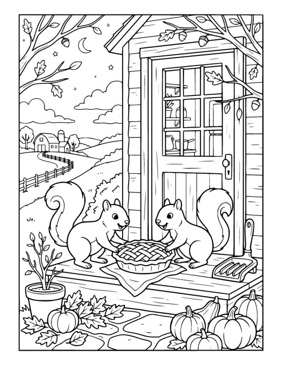 Two squirrels on a back doorstep with their paws in a pie left out to cool, with a plant pot and gathered leaves beside them on a coloring page