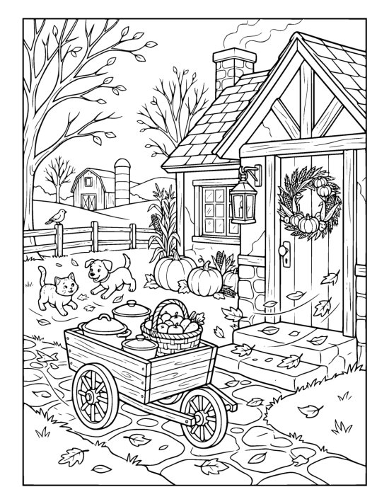 Small wooden handcart loaded with covered dishes standing outside a farmhouse door hung with a wheat wreath on a coloring sheet