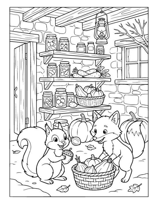 Root cellar shelves lined with sealed jars of preserves, squashes and baskets of onions below a hanging lantern on a coloring page
