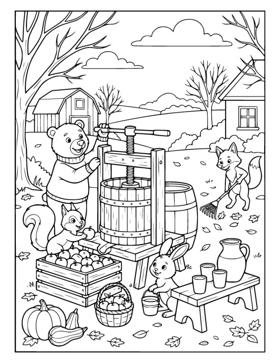 Wooden cider press with a big screw handle standing in a yard beside a crate of apples, a jug and two cups on a coloring sheet