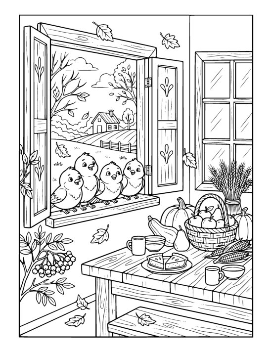 Four small round birds perched on a windowsill looking in through the glass at a laid table, with berries beside the window on a coloring page