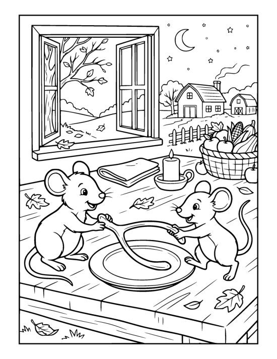 Wishbone resting on a plate at the edge of a cleared table with two mice each taking hold of one end on a coloring sheet